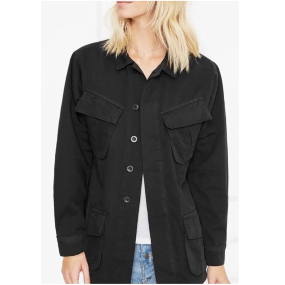 Anine Bing Clark Utility Military Black Distressed Button Front Jacket Sz Large